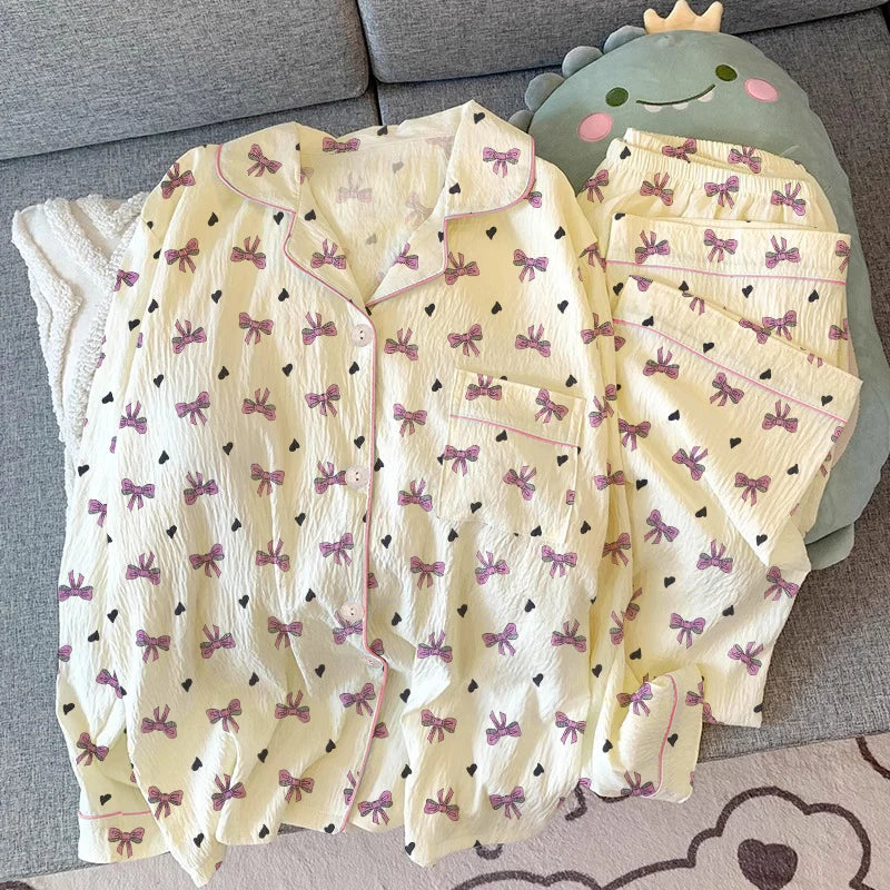 Harajuku Bow Tie Pajamas For Women Long Sleeve Top Pants