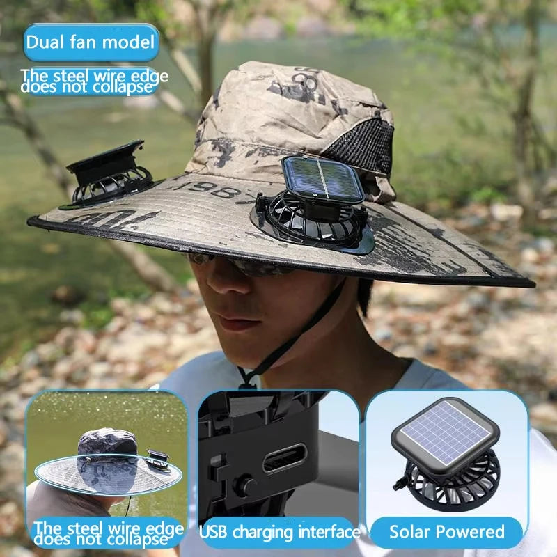 NONECN Wide Brim Solar Dual Fan Hat Outdoor Sun Protection