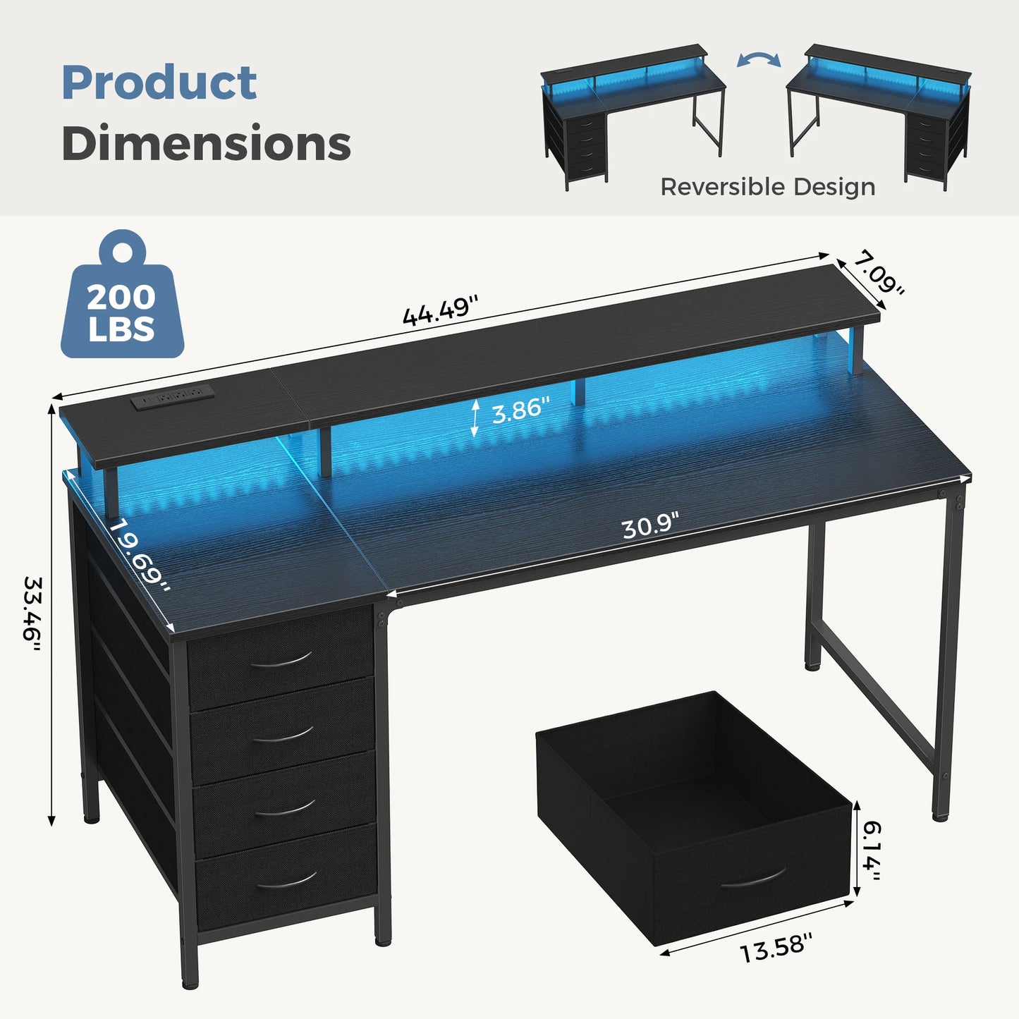 JHK Gaming Desk With 4 Drawers Power Outlets LED Lights