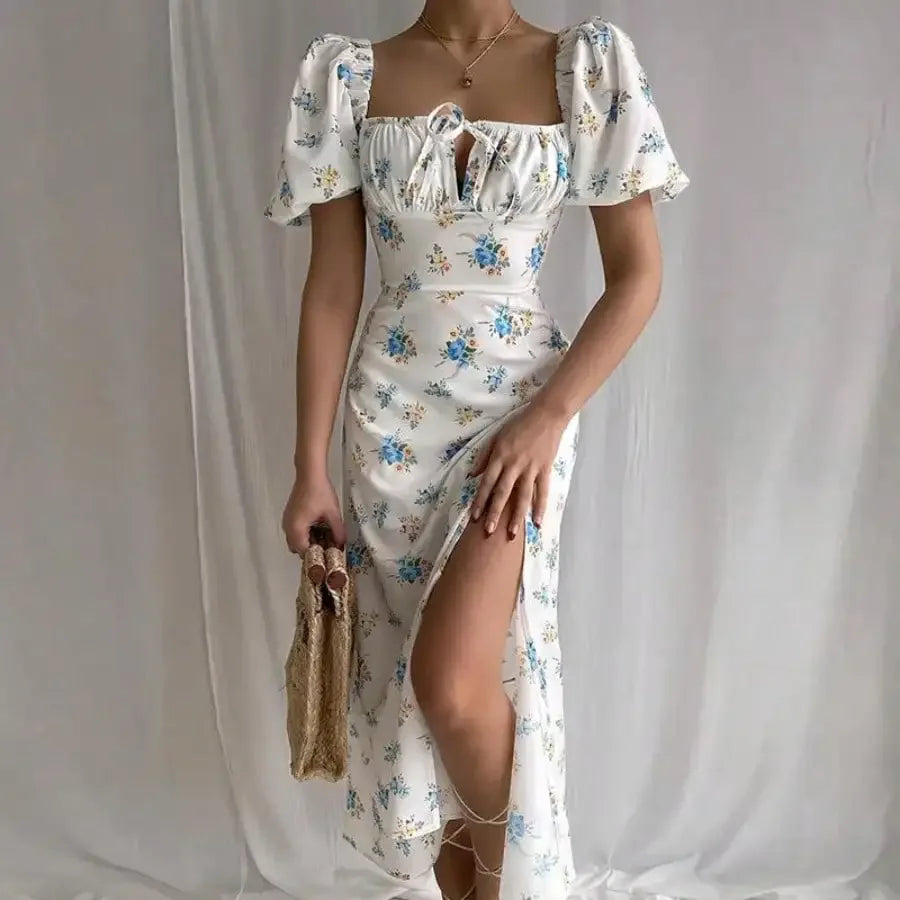 French Style Backless Floral Slit Spaghetti Strap Dress For Women