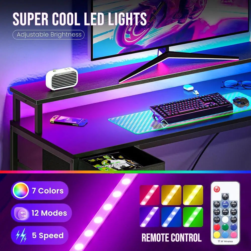 Gaming Desk USB Charging Ports And LED Lights L Shaped