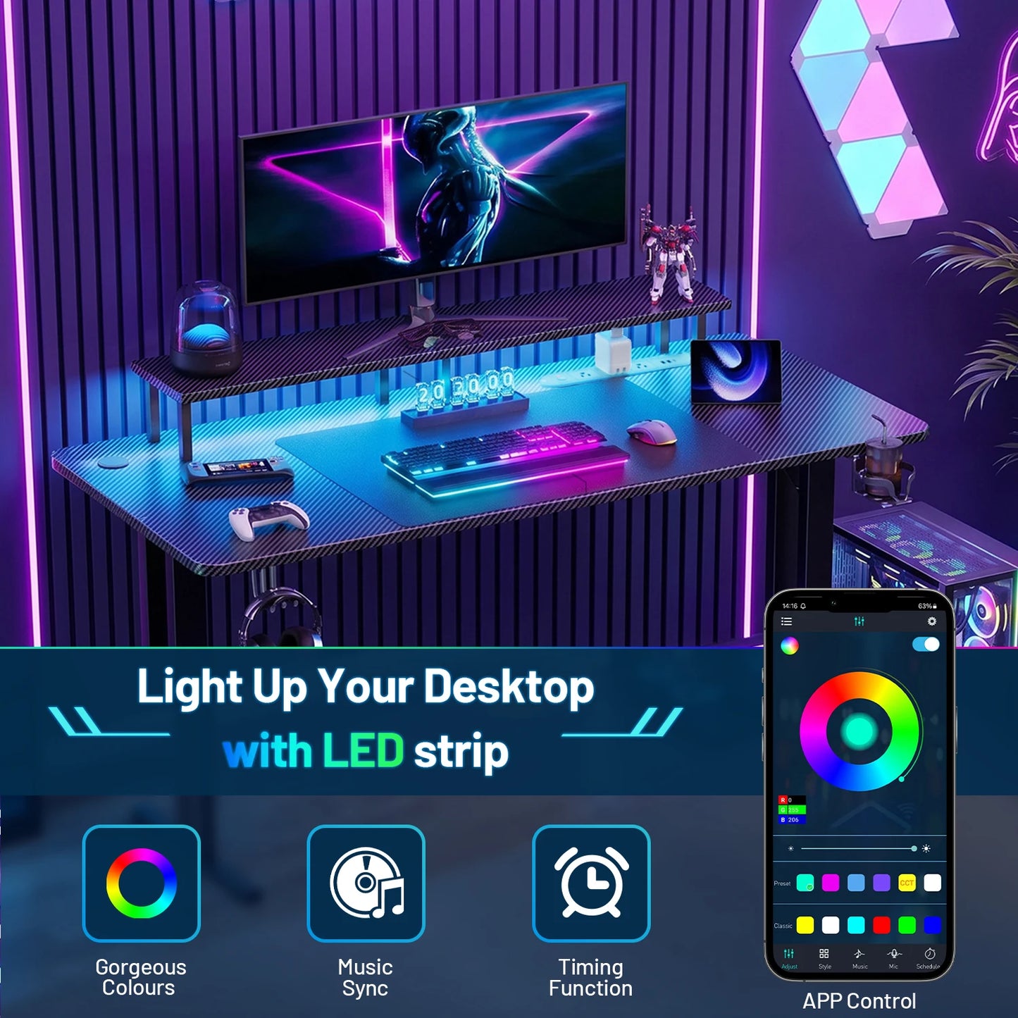 FRODROVIA Gaming Desk With LED Lights And Built In Outlet