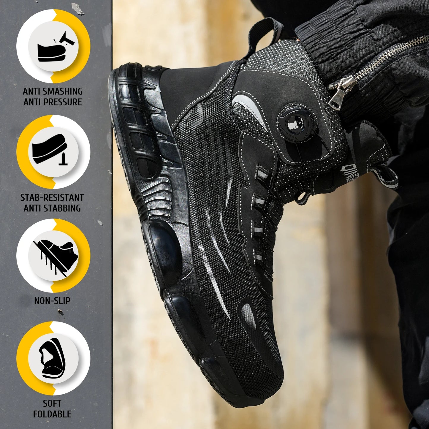Mens High Top Lace Free Work Shoes Anti Smash Puncture Resistant