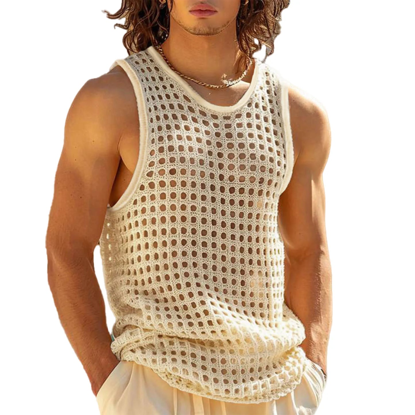 Men's Breathable Sleeveless Tank Tops Hollow Out Crew Neck Polyester