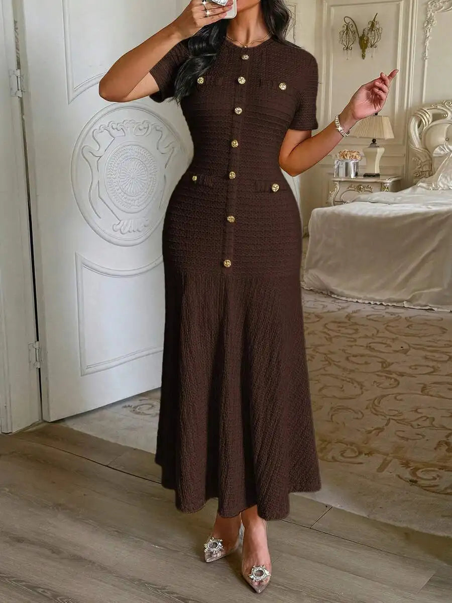 Textured Knit Midi Dress With Front Buttons And Faux Pockets