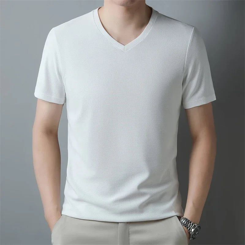 Men Waffle Knit V Neck Short Sleeve T Shirt Casual Top