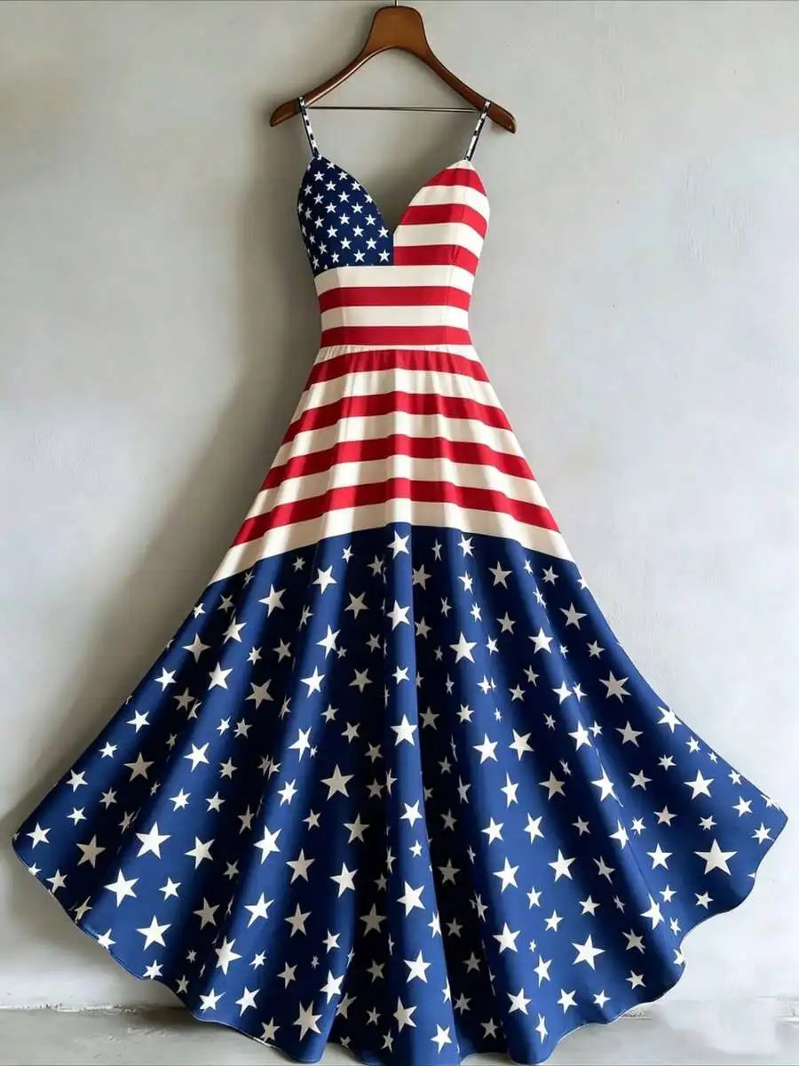 American Flag Print Spaghetti Strap V Neck Maxi Dress