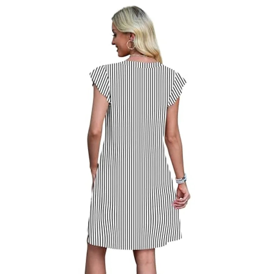 OFEEFAN Womens Ruffle Sleeve V Neck Sundresses With Pockets