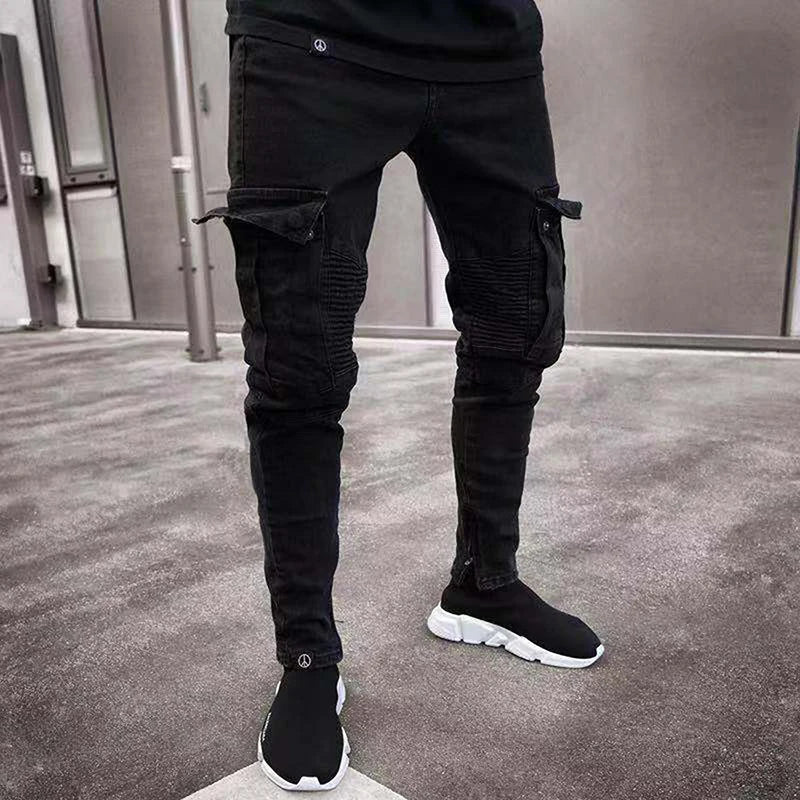 NONECN Mens Cargo Jeans Straight Fit With Multiple Pockets