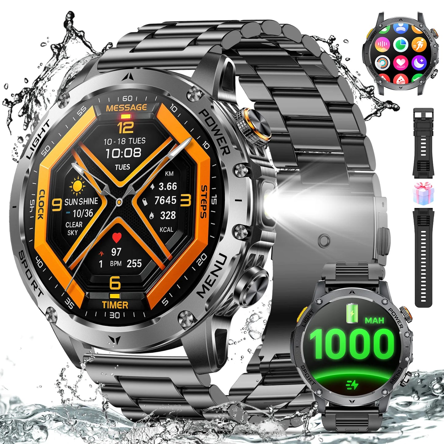 Military Smartwatch For Men With Bluetooth Call Health Monitor Waterproof