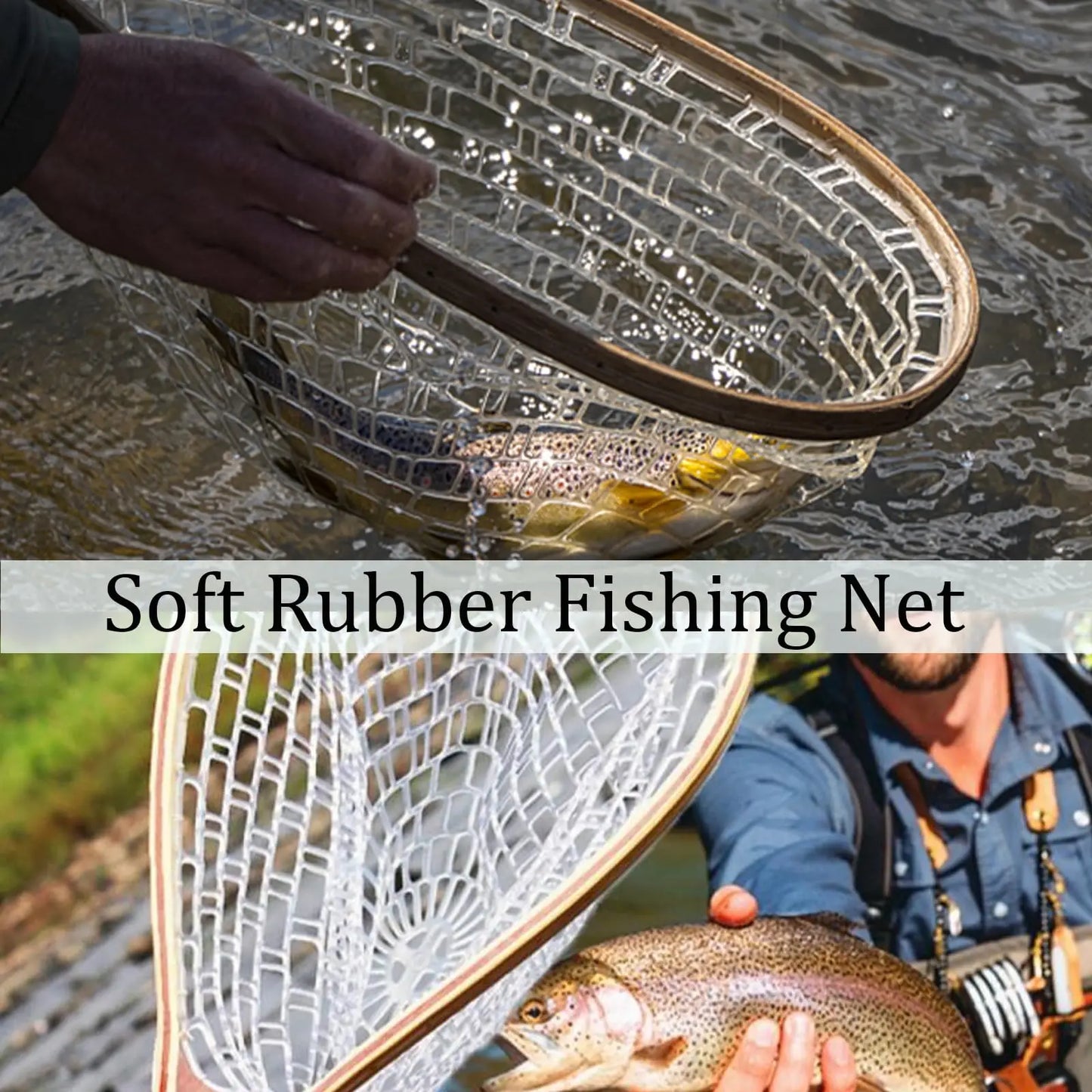 Fishing Net For Trout With Soft Rubber Mesh And Wooden Handle