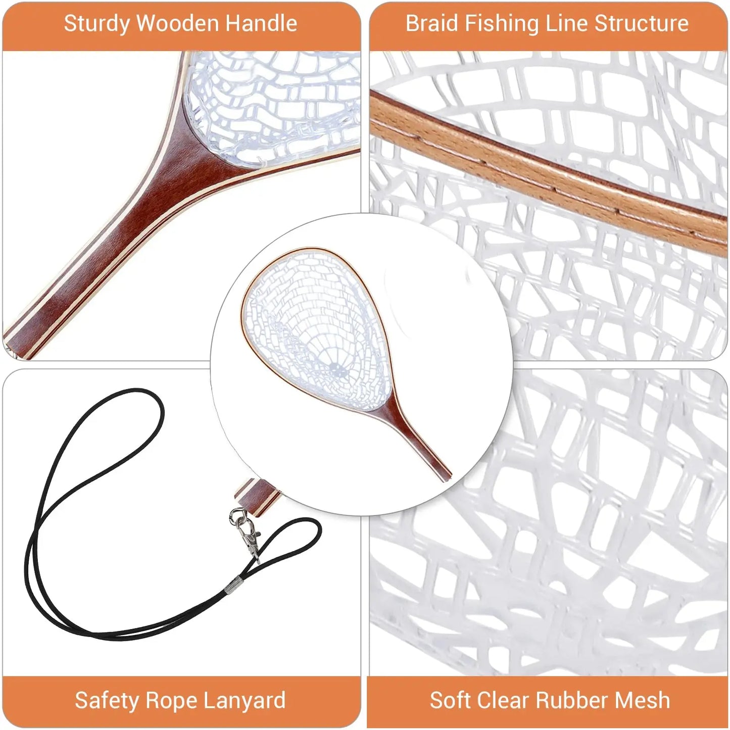 Fishing Net For Trout With Soft Rubber Mesh And Wooden Handle