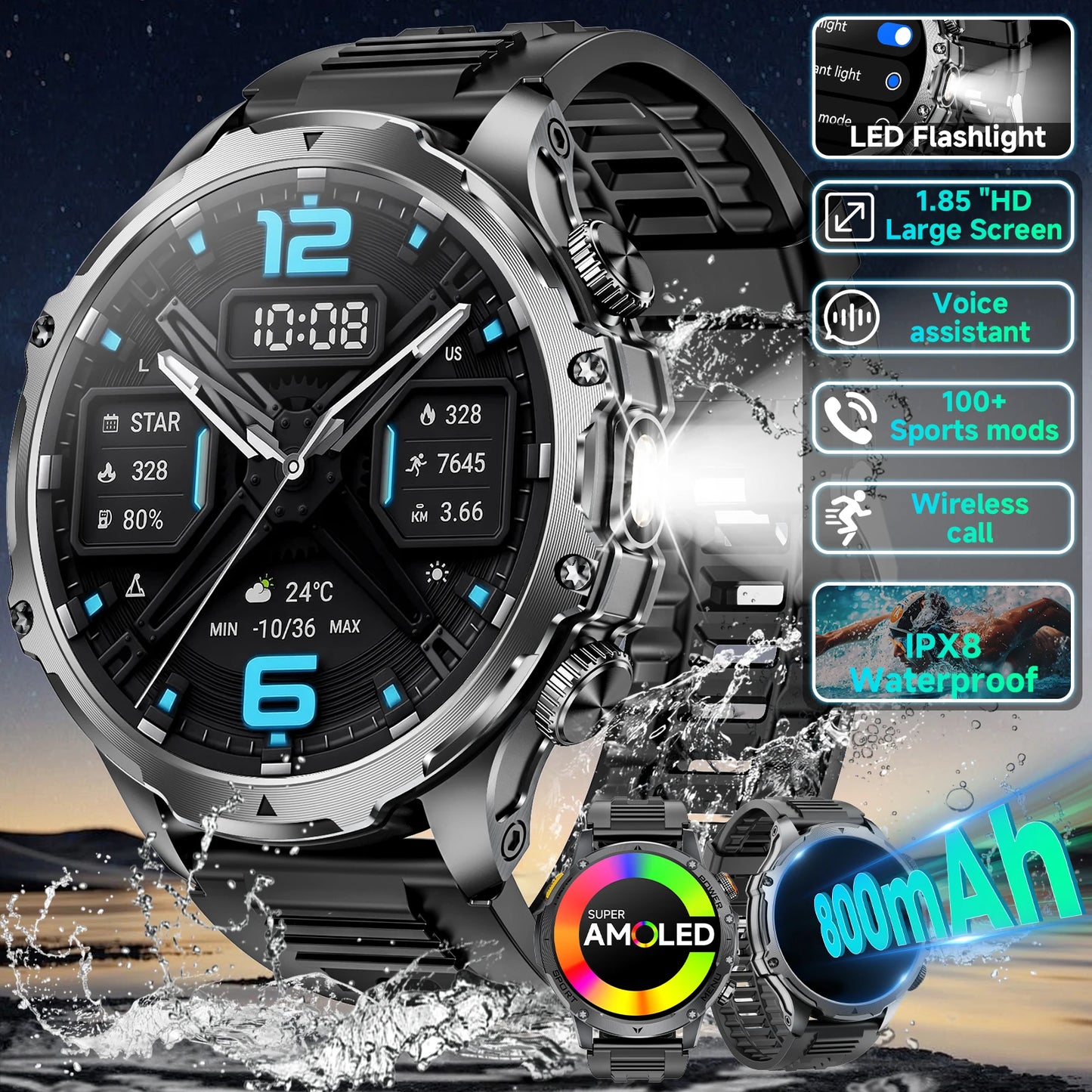 Military Smartwatch For Men With Bluetooth Call Health Monitor Waterproof