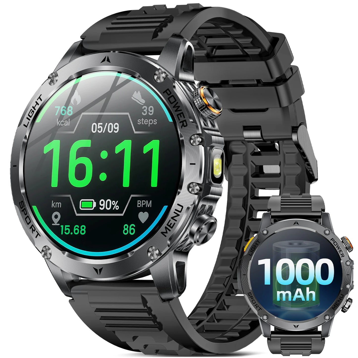 Military Smartwatch For Men With Bluetooth Call Health Monitor Waterproof