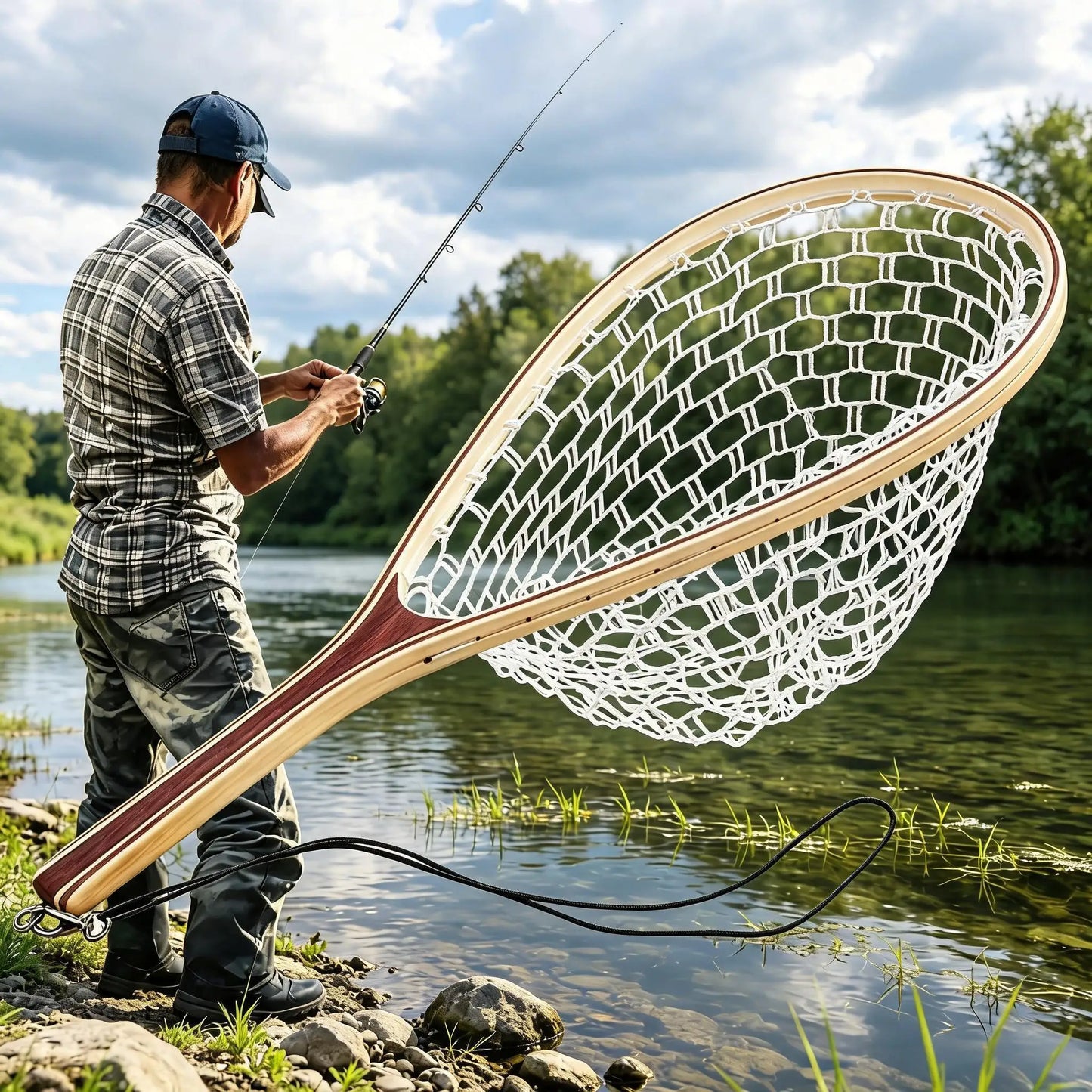 Fishing Net For Trout With Soft Rubber Mesh And Wooden Handle