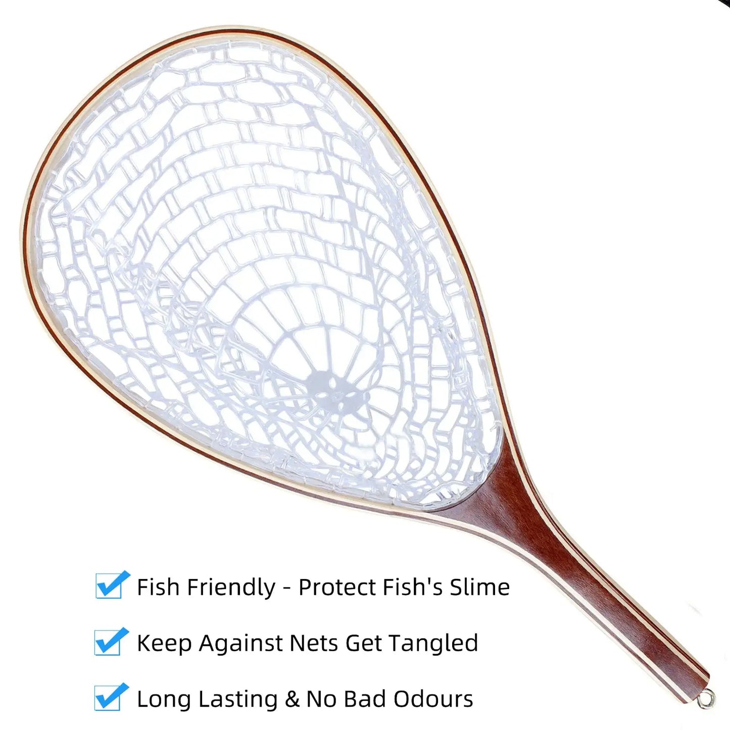 Fishing Net For Trout With Soft Rubber Mesh And Wooden Handle