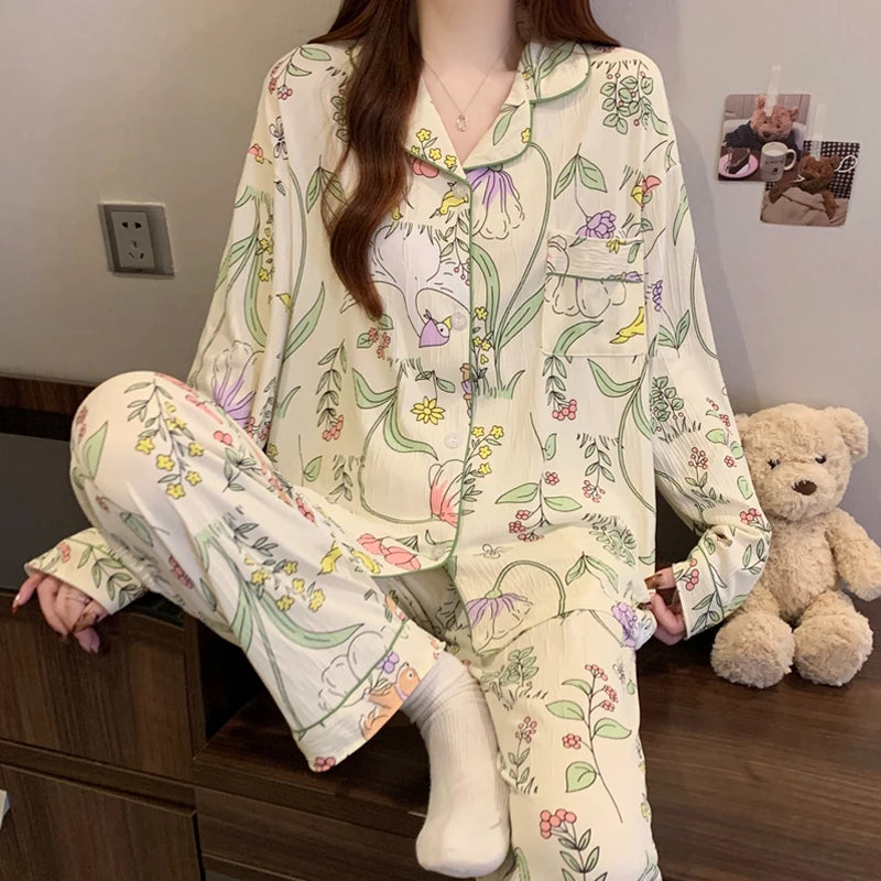 Harajuku Bow Tie Pajamas For Women Long Sleeve Top Pants