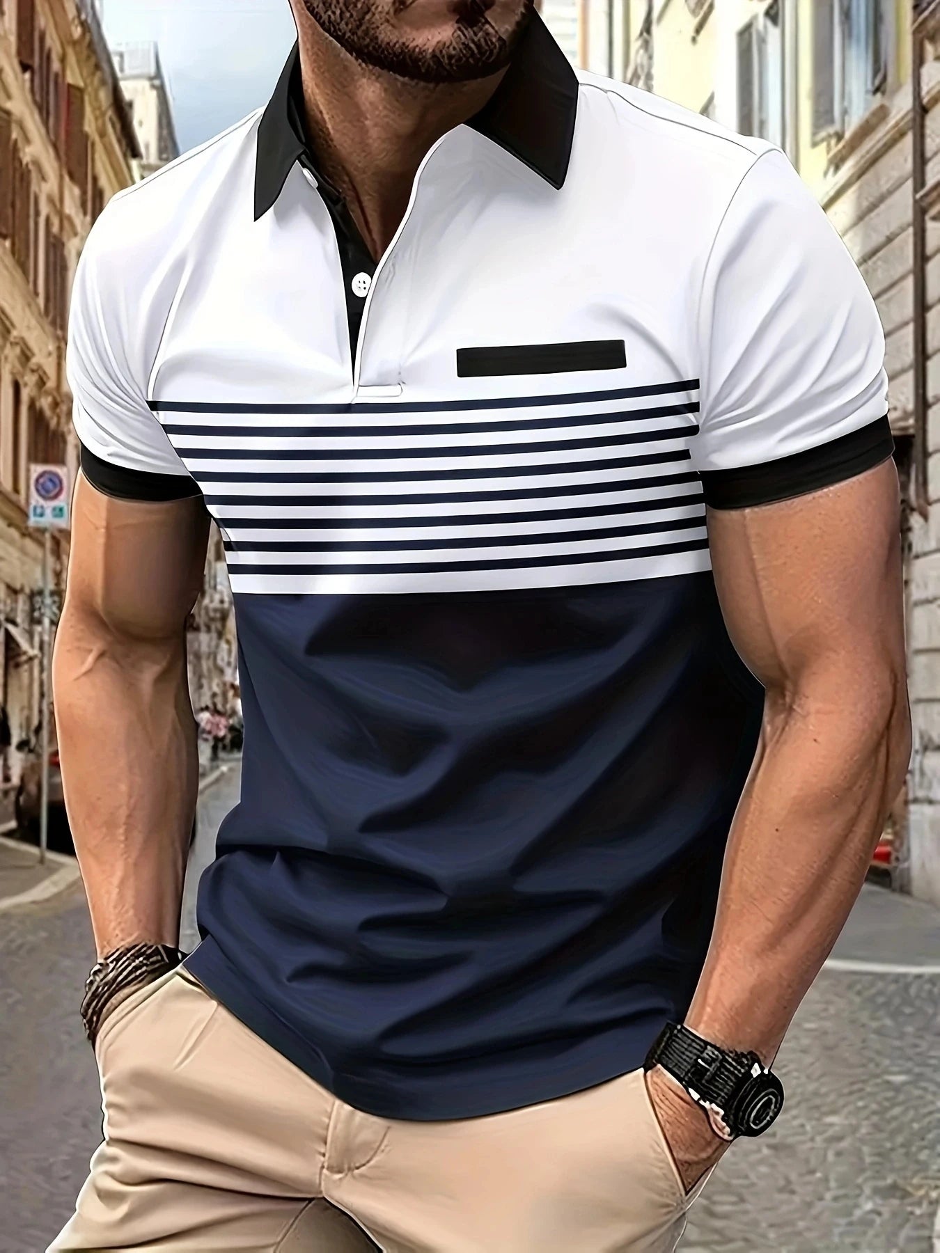 Men's V Neck Polo Shirt Striped Colorblocked Short Sleeve