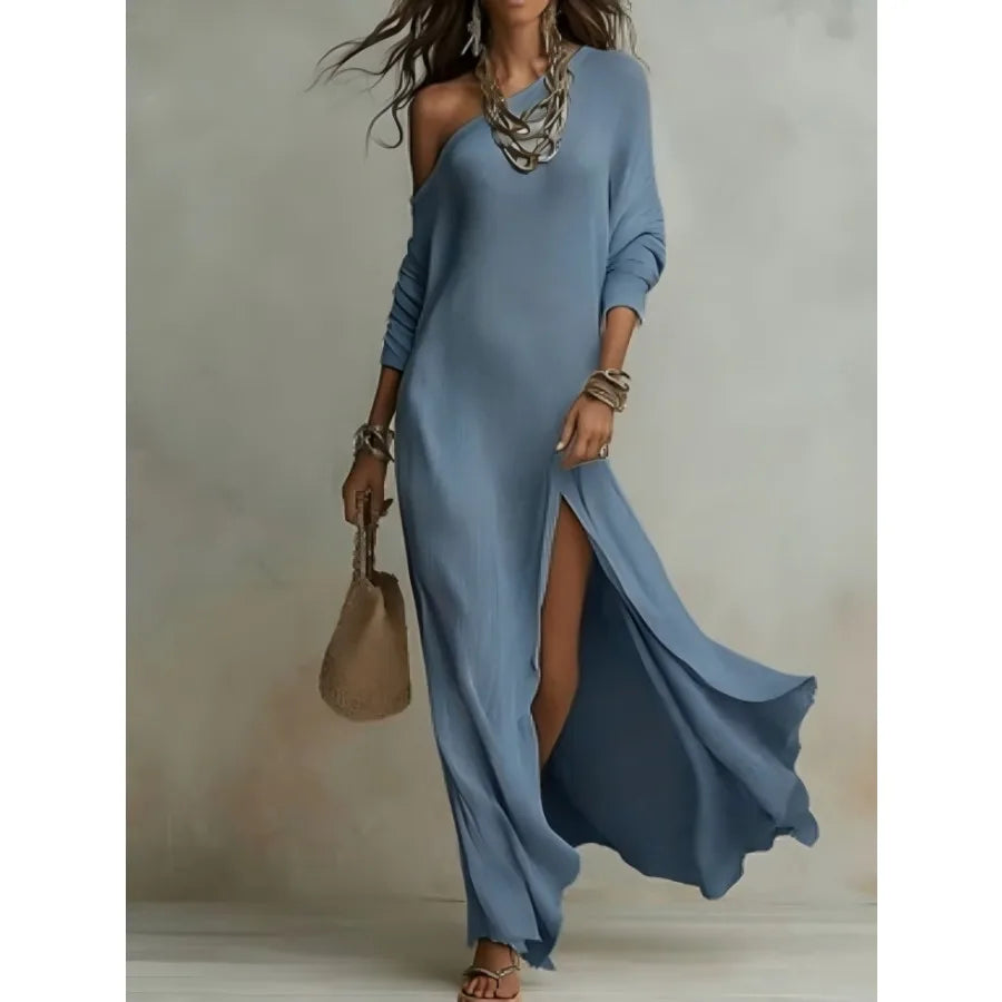 Women's Knit Pleated Long Sleeve Dress With Split Hem