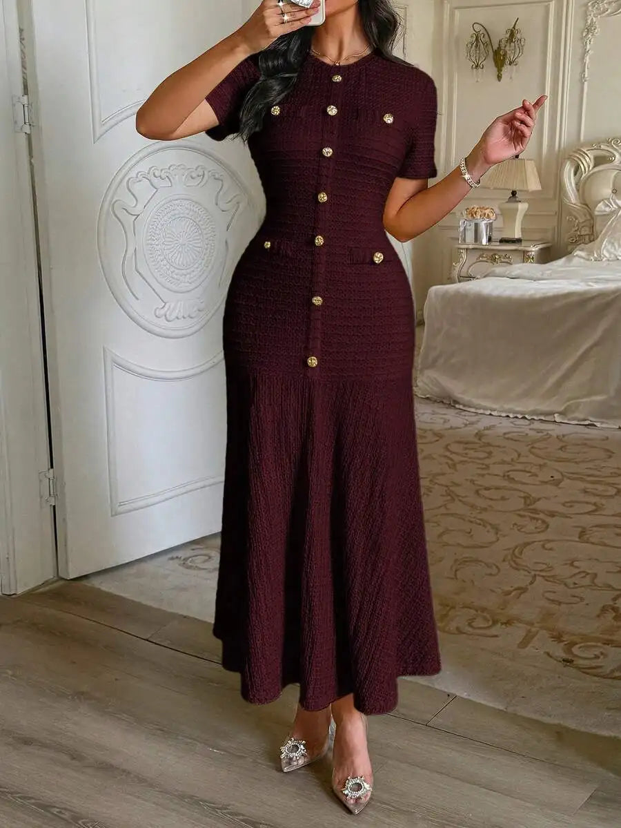 Textured Knit Midi Dress With Front Buttons And Faux Pockets