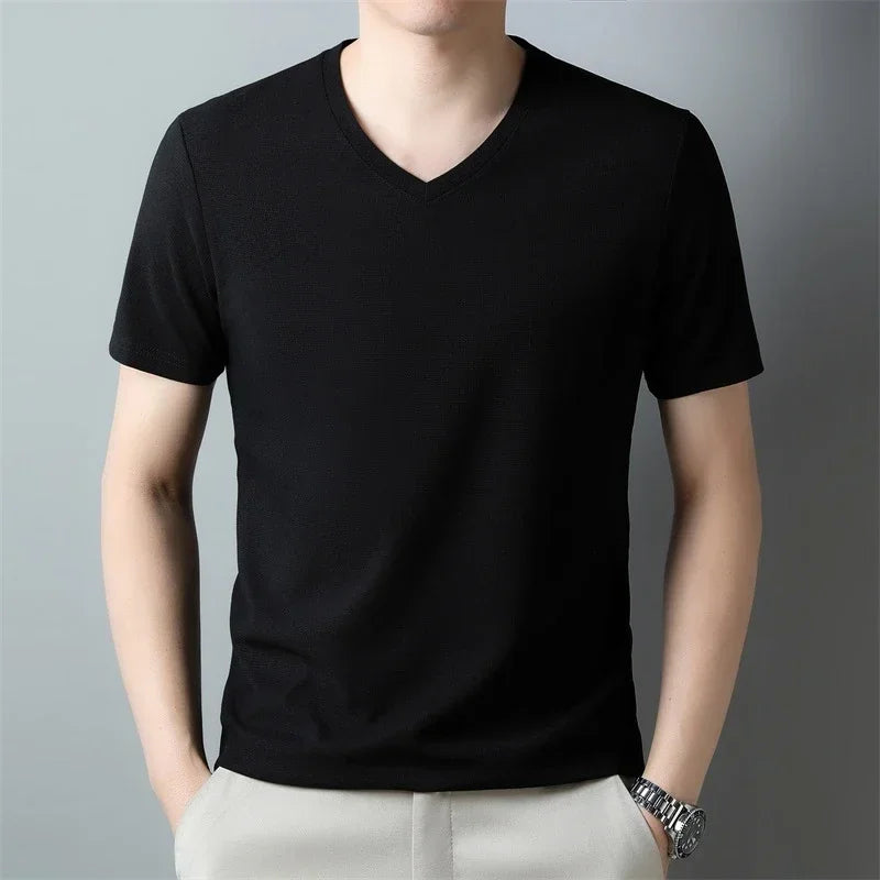 Men Waffle Knit V Neck Short Sleeve T Shirt Casual Top