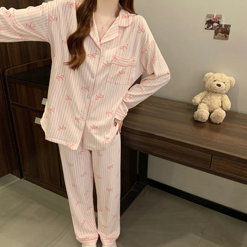 Harajuku Bow Tie Pajamas For Women Long Sleeve Top Pants