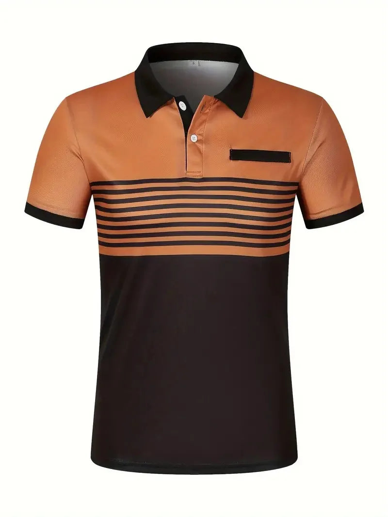 Men's V Neck Polo Shirt Striped Colorblocked Short Sleeve