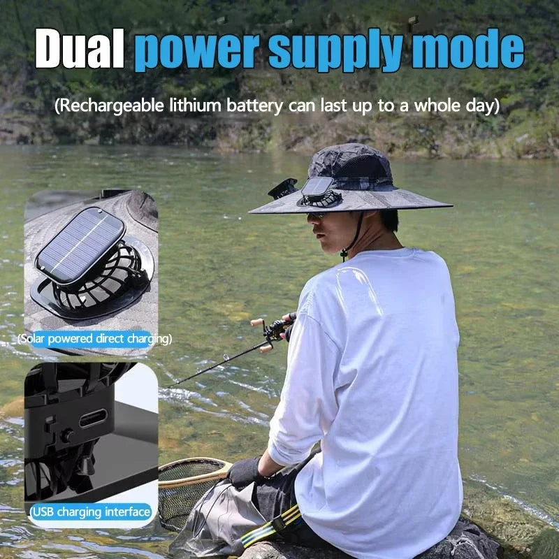 NONECN Wide Brim Solar Dual Fan Hat Outdoor Sun Protection