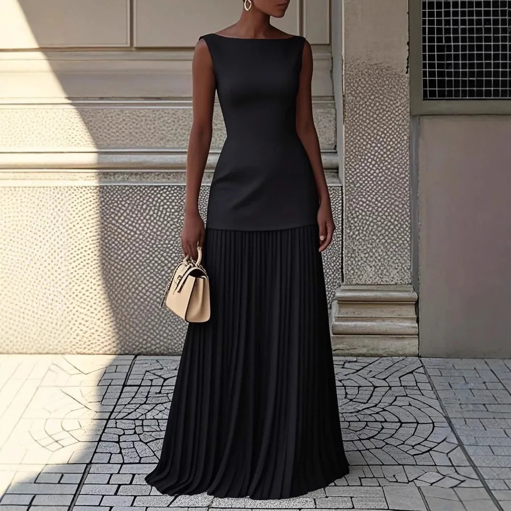 Elegant Dress Two-Piece Set With Pleated Vest Overskirt For Women