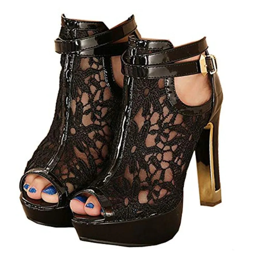 Getmorebeauty Women Lace Floral Open Toes High Heel Ankle Boots