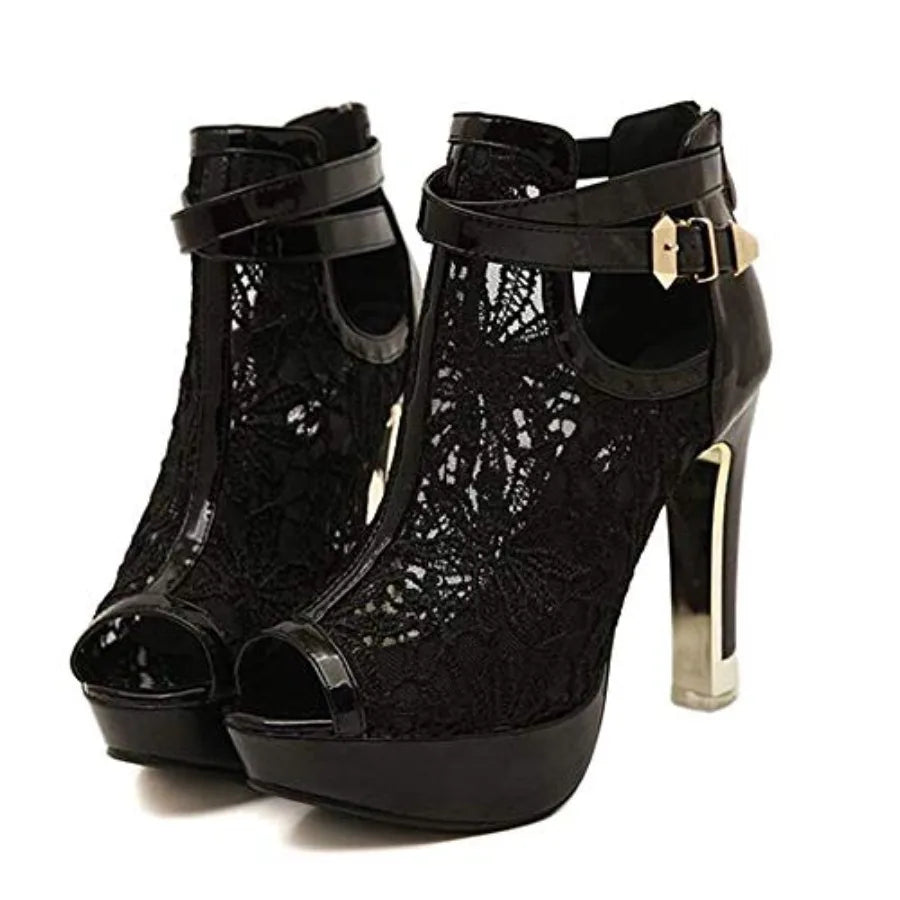 Getmorebeauty Women Lace Floral Open Toes High Heel Ankle Boots