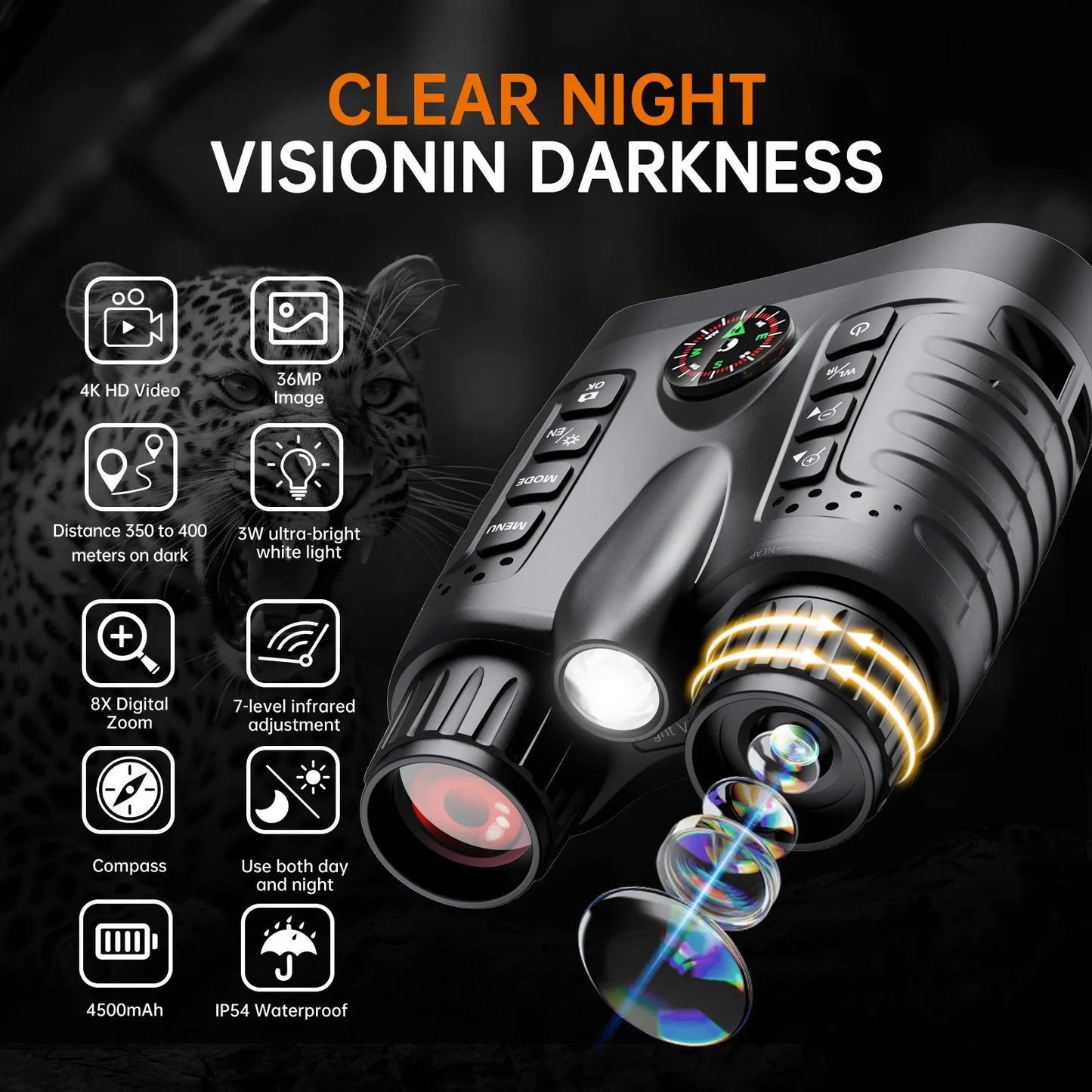 Letcmoi 4K Night Vision Binoculars With 8X Zoom Tactical Light
