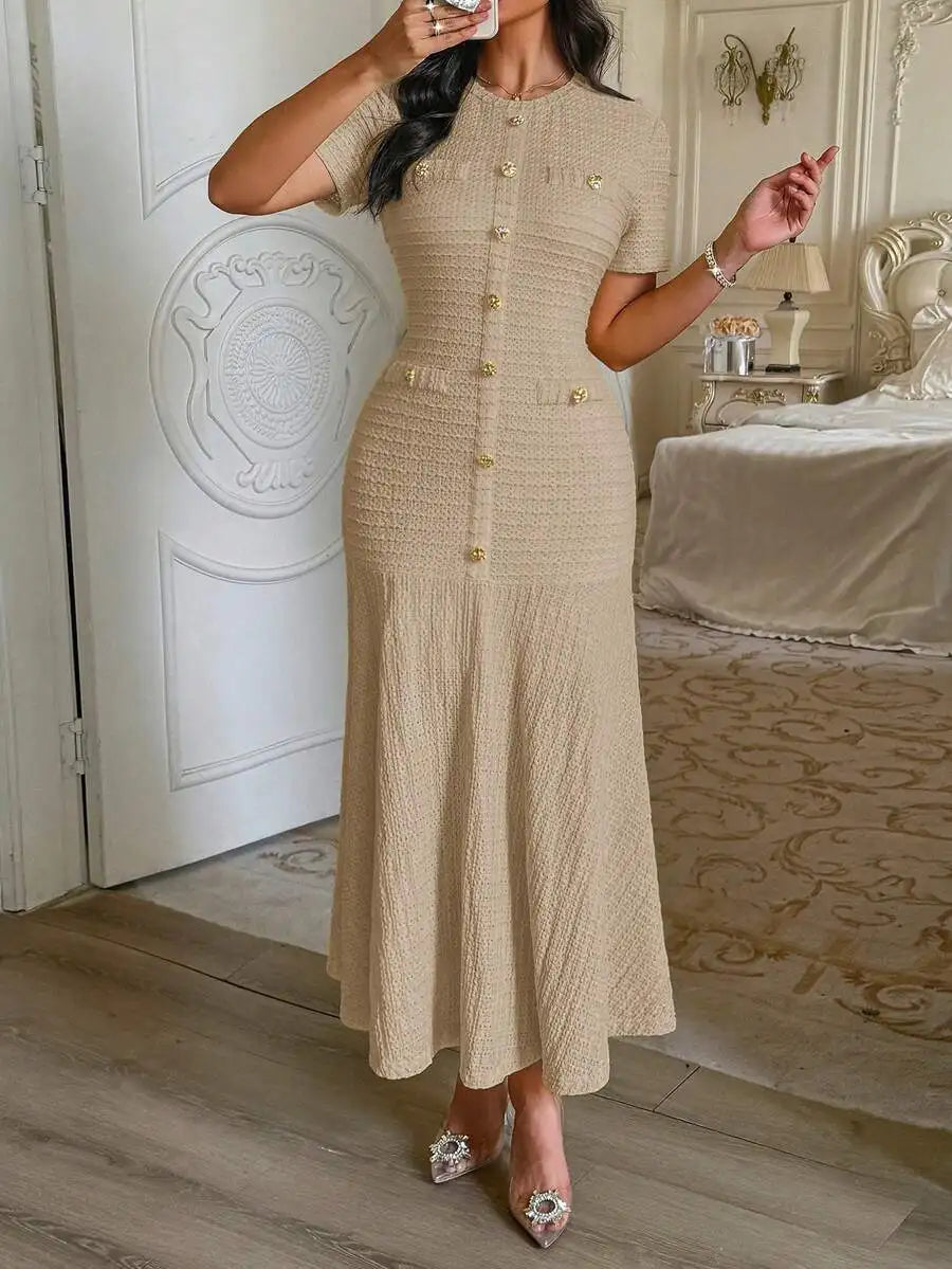 Textured Knit Midi Dress With Front Buttons And Faux Pockets