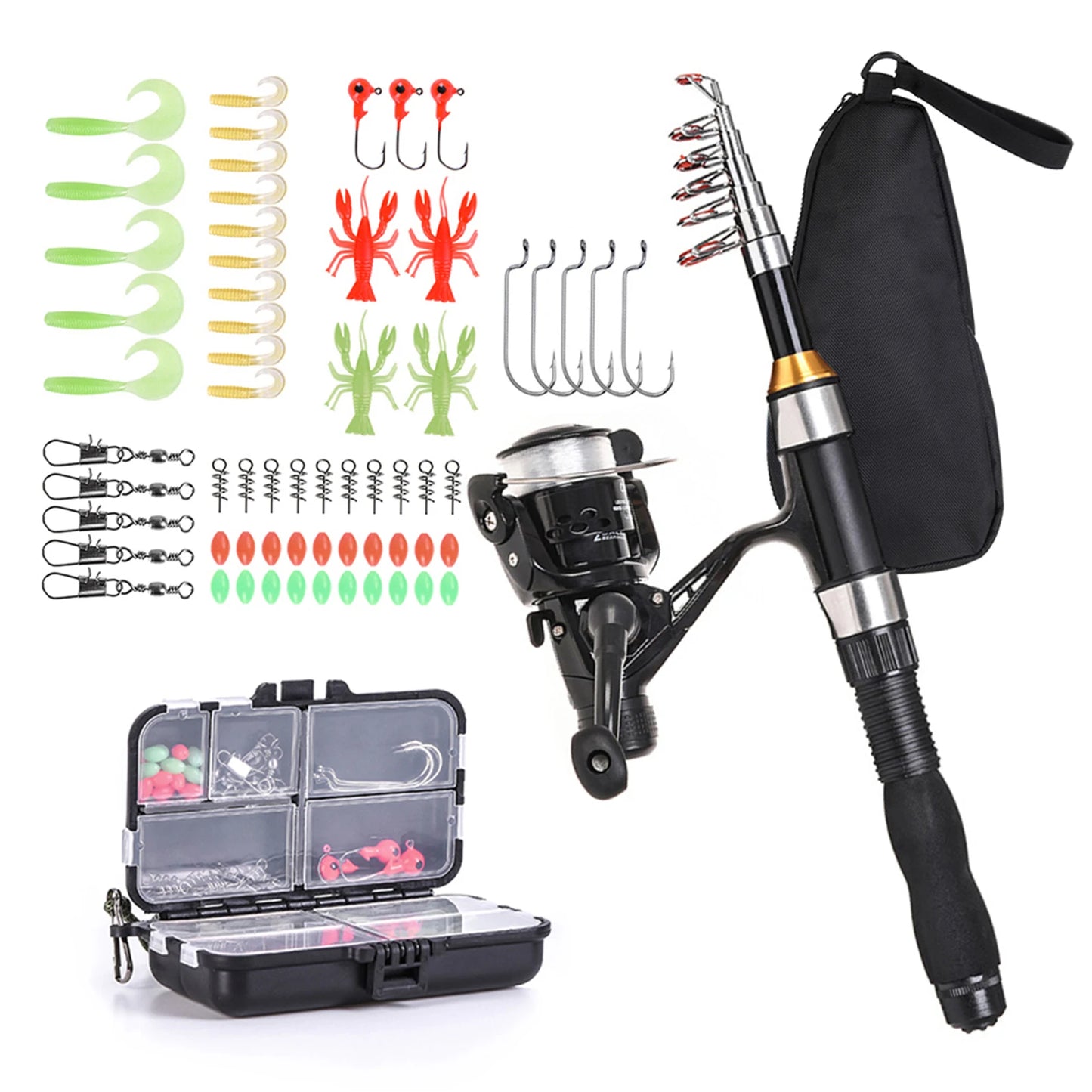 Telescopic Fishing Rod And Reel Combo Kit With Hooks Lures Swivels Storage Bag