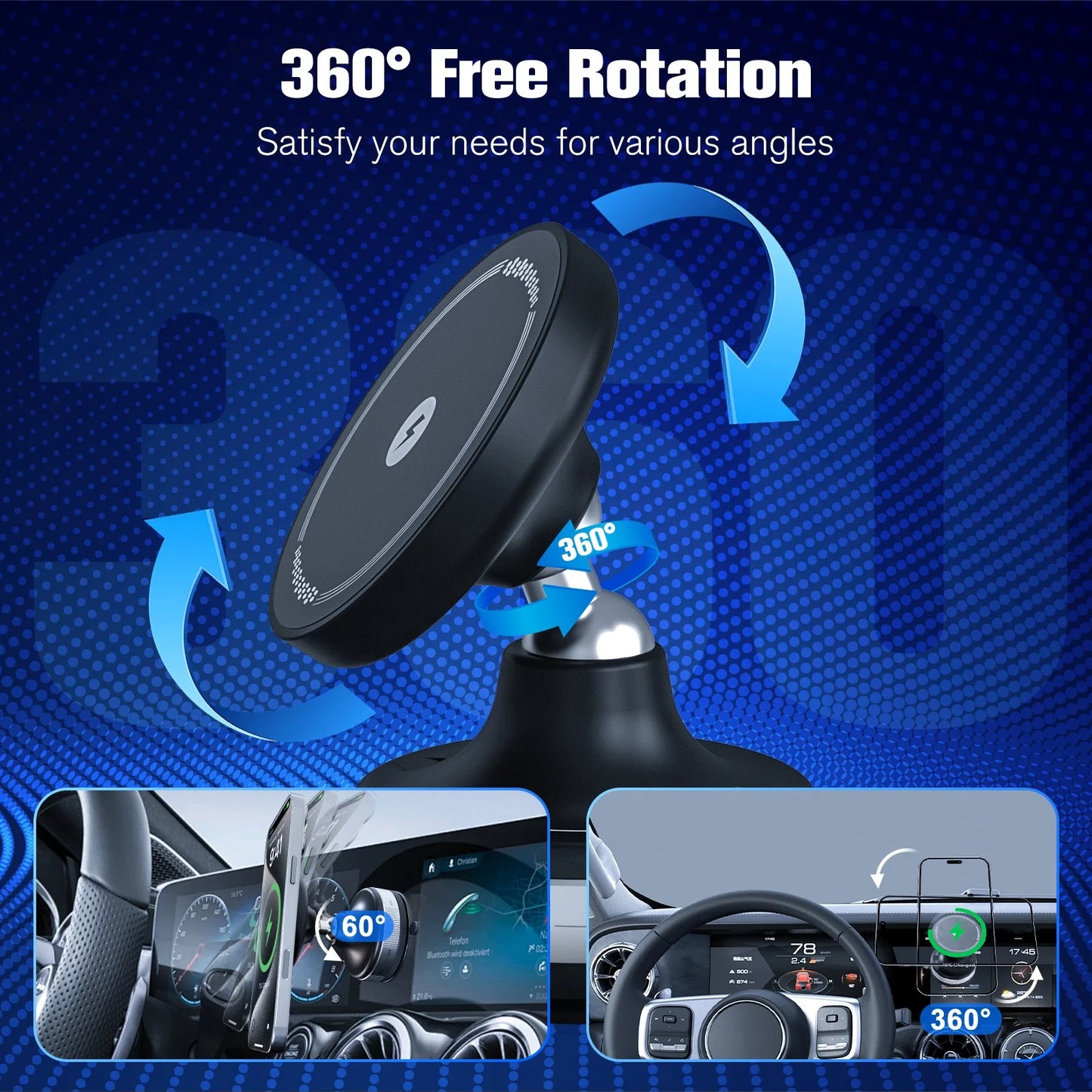 15W Strong Magnetic Car Wireless Charger With 360 Degree Phone Holder