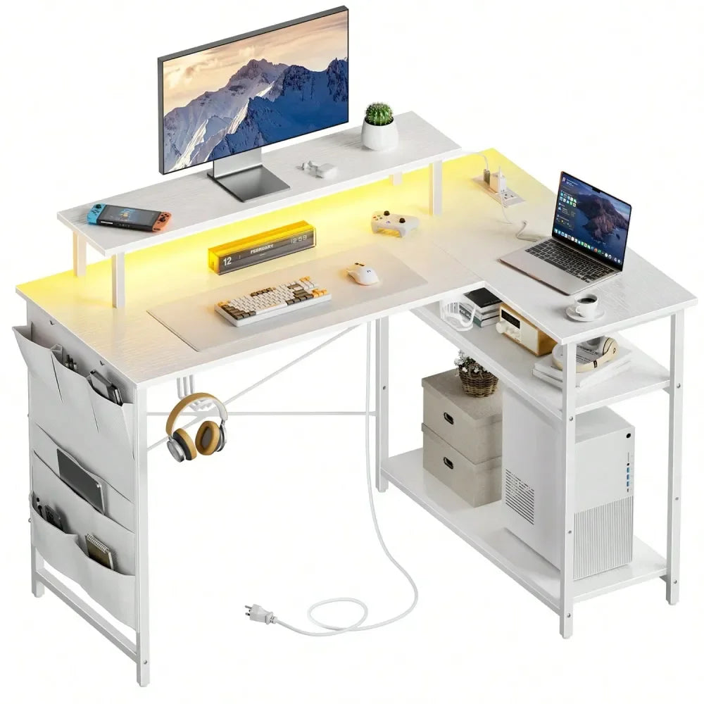 XMSJ L Shaped Computer Desk With Power Outlet And LED