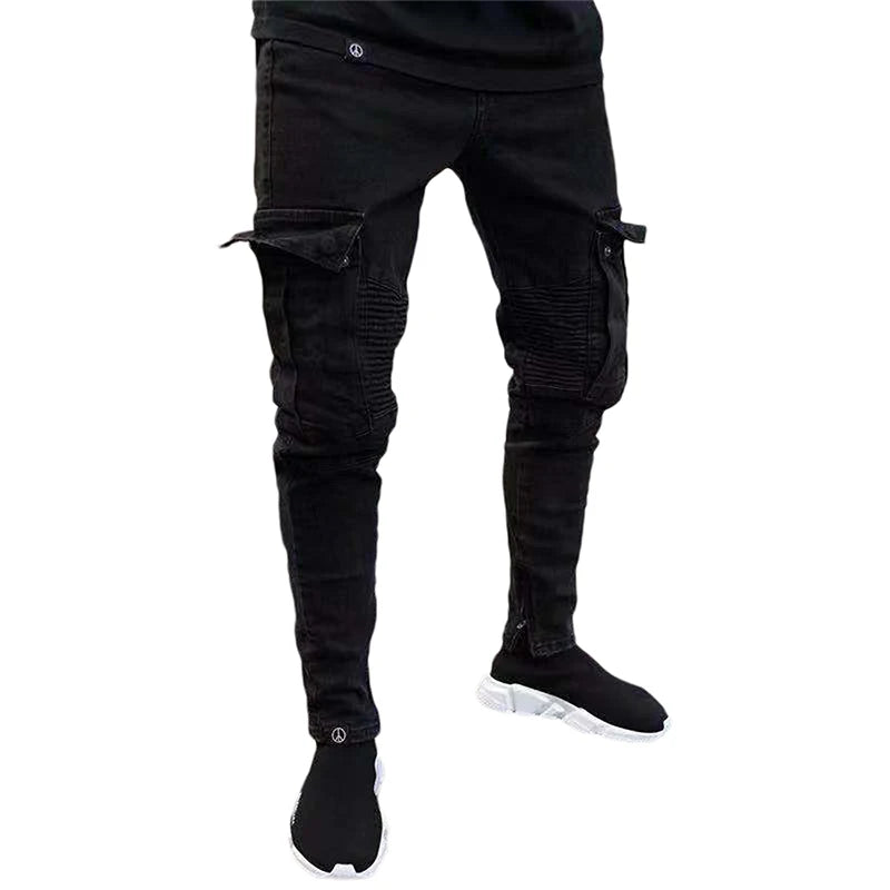 NONECN Mens Cargo Jeans Straight Fit With Multiple Pockets