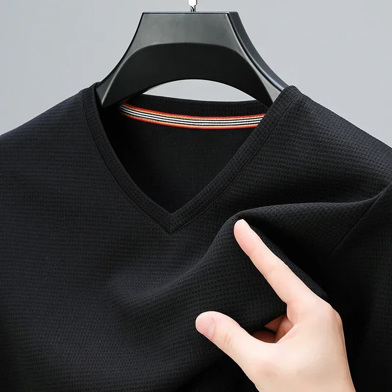 Men Waffle Knit V Neck Short Sleeve T Shirt Casual Top