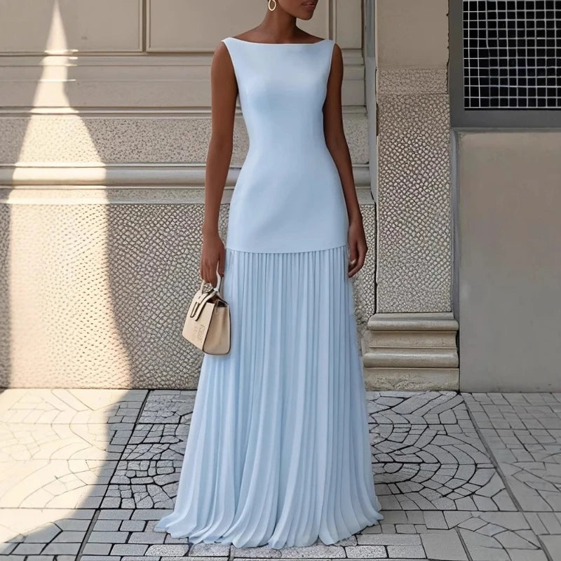 Elegant Dress Two-Piece Set With Pleated Vest Overskirt For Women