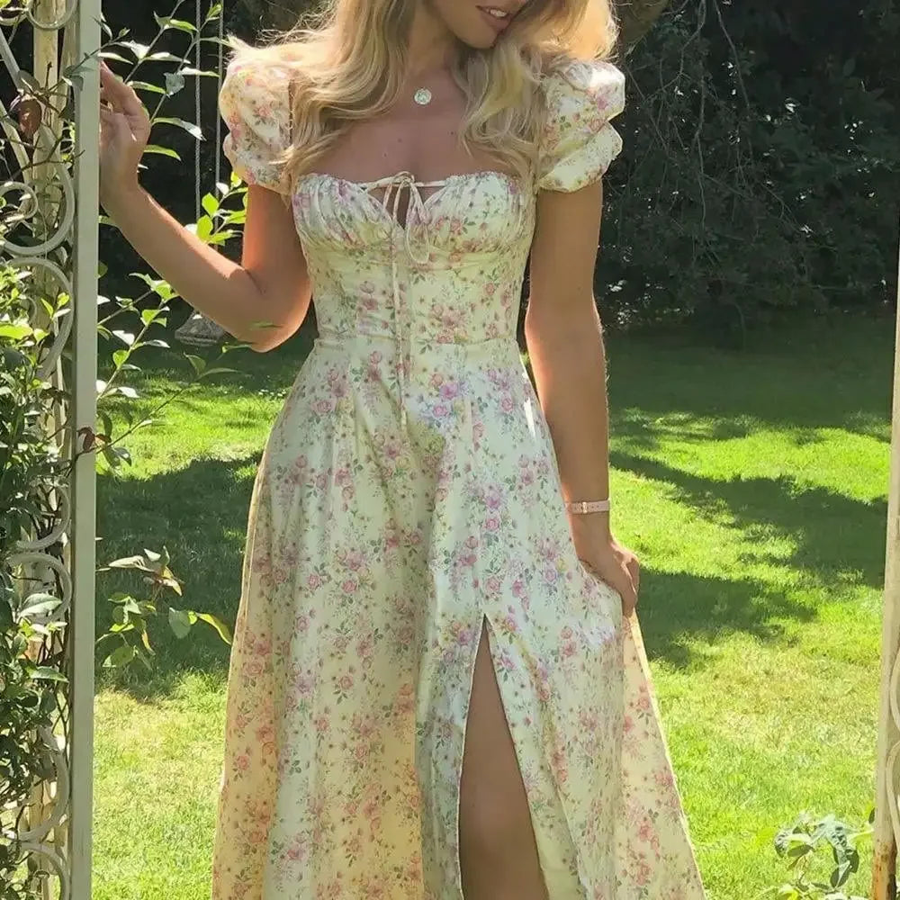 French Style Backless Floral Slit Spaghetti Strap Dress For Women