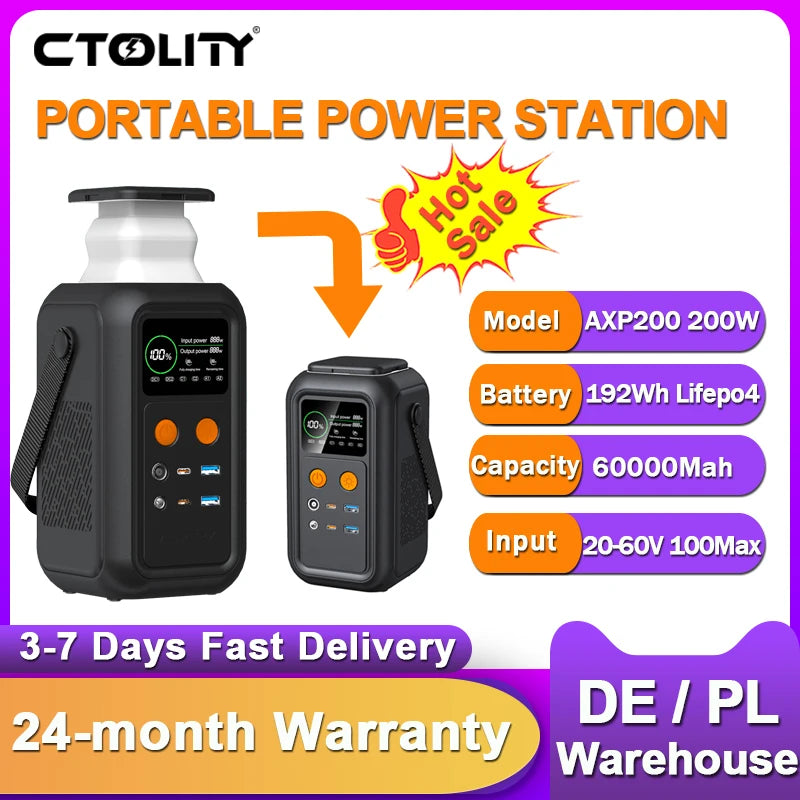 CTOLITY 200W LiFePO4 Power Station 192Wh 60000mAh USB TypeC