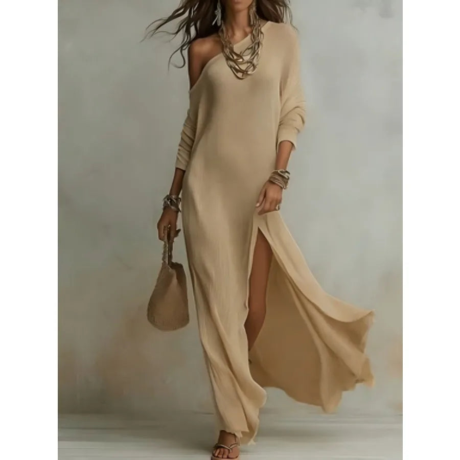 Women's Knit Pleated Long Sleeve Dress With Split Hem