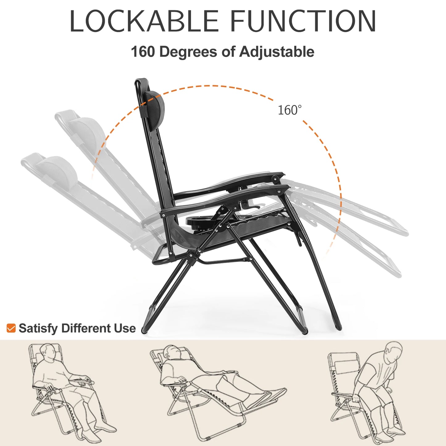 JHK Zero Gravity Portable Recliner Outdoor Lounge Chair With Cup Holder
