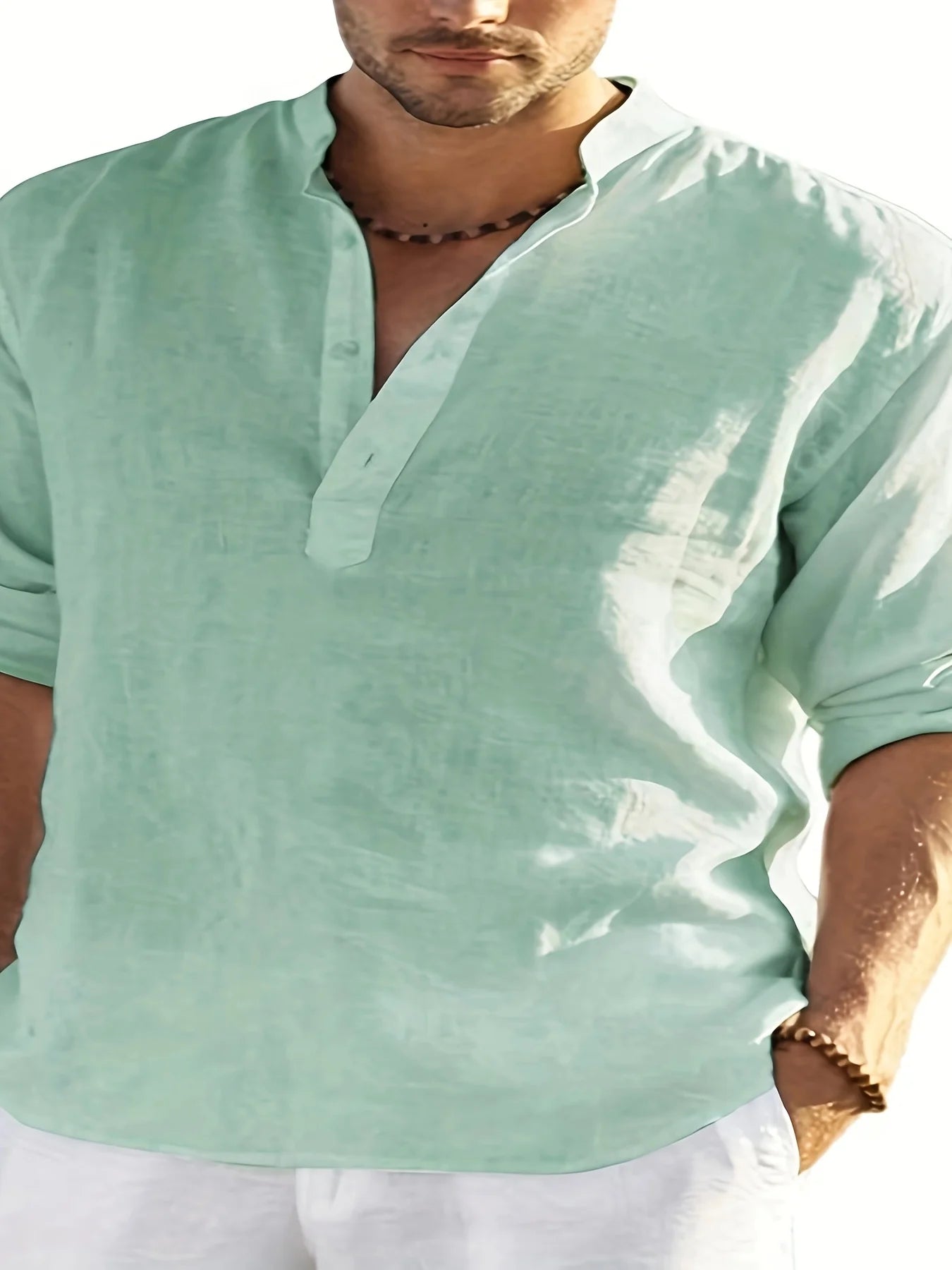 Men's Linen Stand Collar Long Sleeve Shirt Cotton Linen