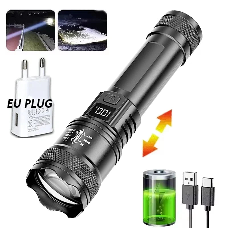 High Power LED Flashlight USB Rechargeable Torch with Zoomable Light