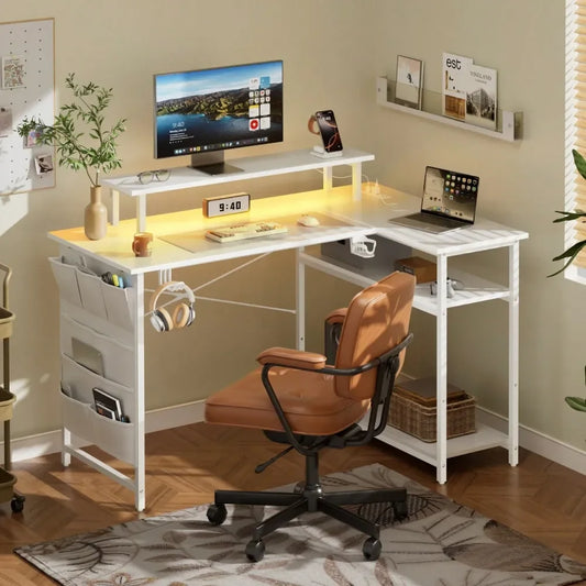 XMSJ L Shaped Computer Desk With Power Outlet And LED