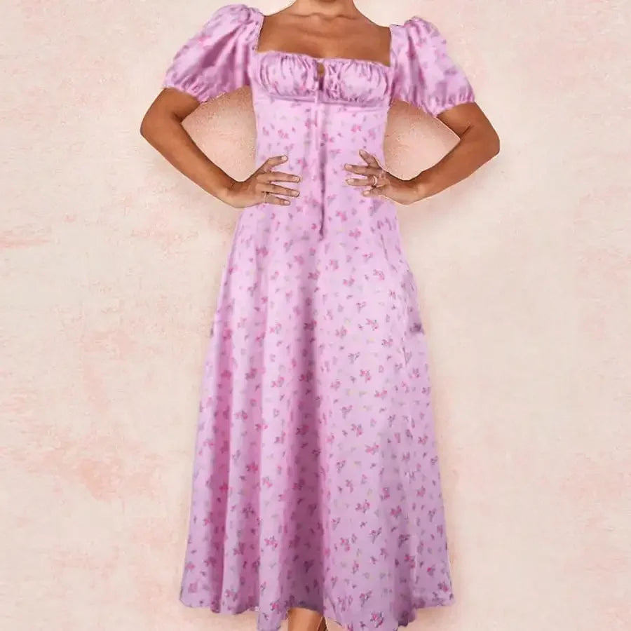 French Style Backless Floral Slit Spaghetti Strap Dress For Women