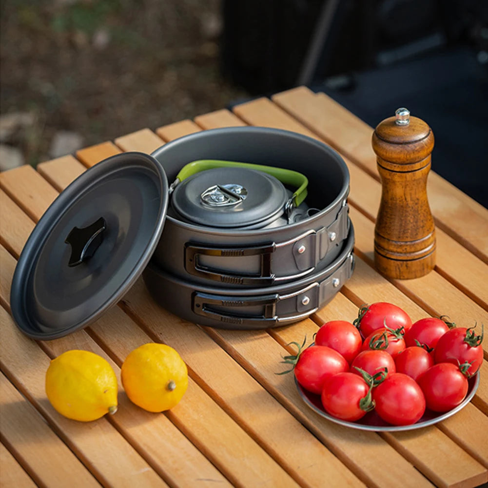 APWIKOGER Camping Cookware Set Three Piece Pot Pan Kettle With Mesh Bag