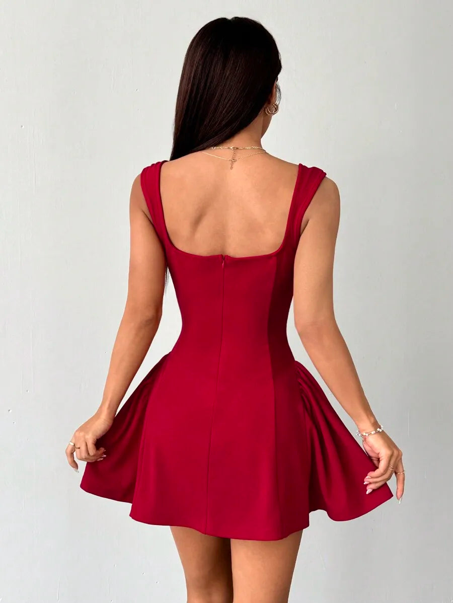 Women's Square Neck Mini Dress With Flared Skirt For Party
