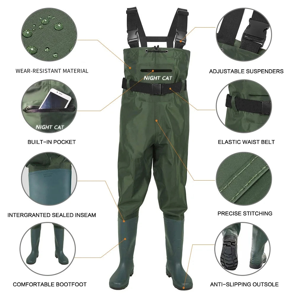 Night Cat Unisex Waterproof Chest Wader With Boots Belt Lightweight